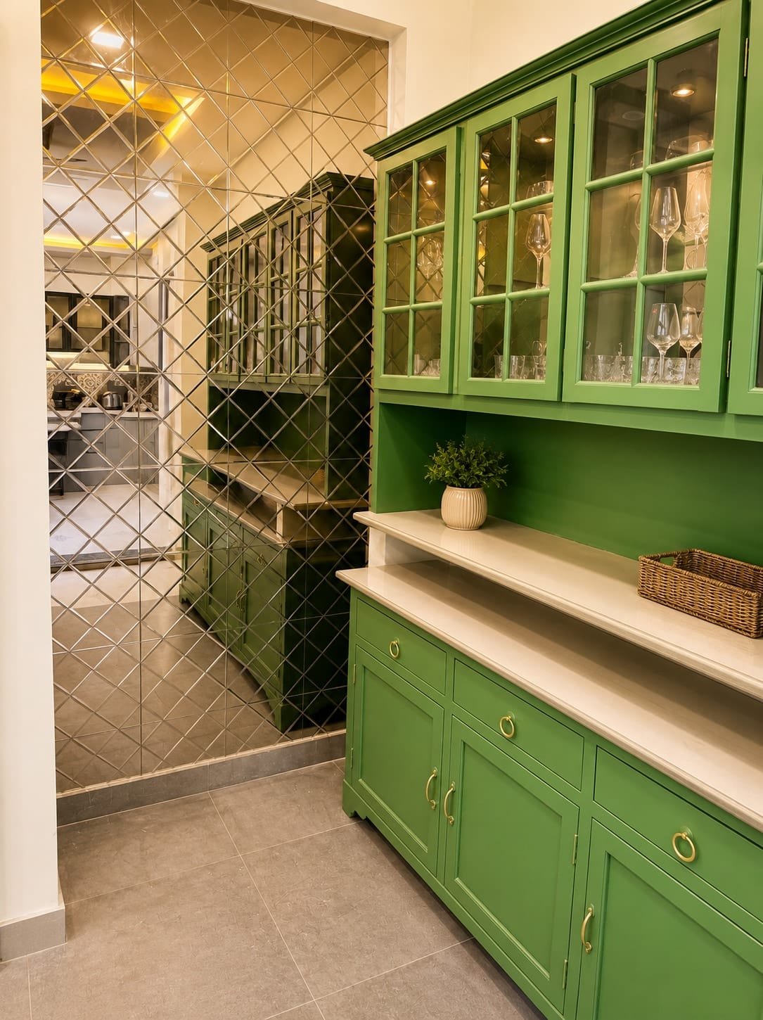 Green glass-front crockery cabinet beside a mirrored wall