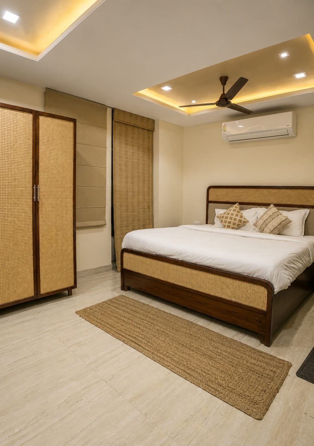 Bedroom 2 with a wooden wardrobe and a cane-headboard bed