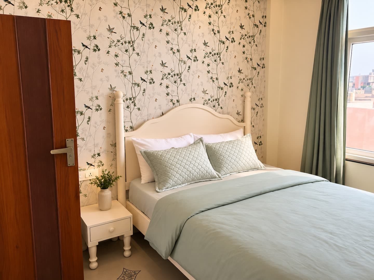 Bedroom 3 with a white bed, mint linen and botanical wallpaper