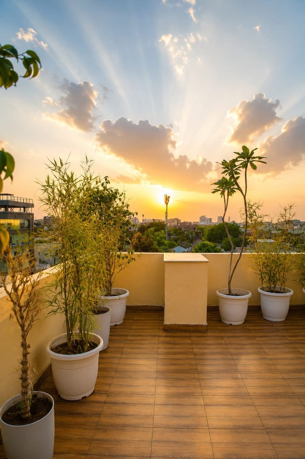 Terrace at sunset with potted plants along a wooden deck