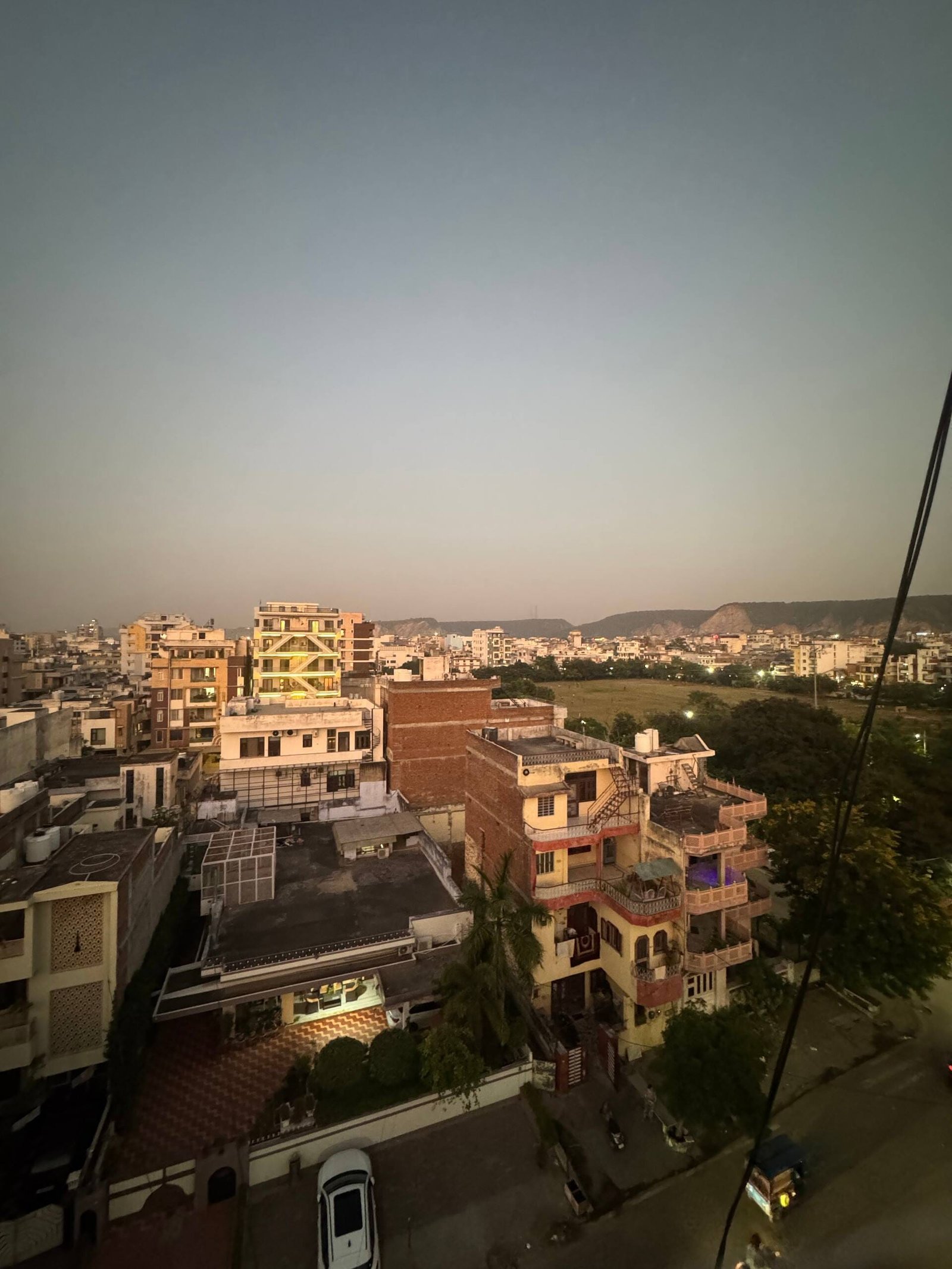 Evening view of the city skyline from the window